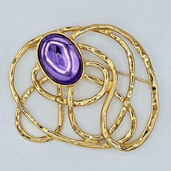Avon Purple Cabochon Brooch Vintage Lucite Gold Tone Web Jumbo Statement Pin 3" - Picture 5 of 11